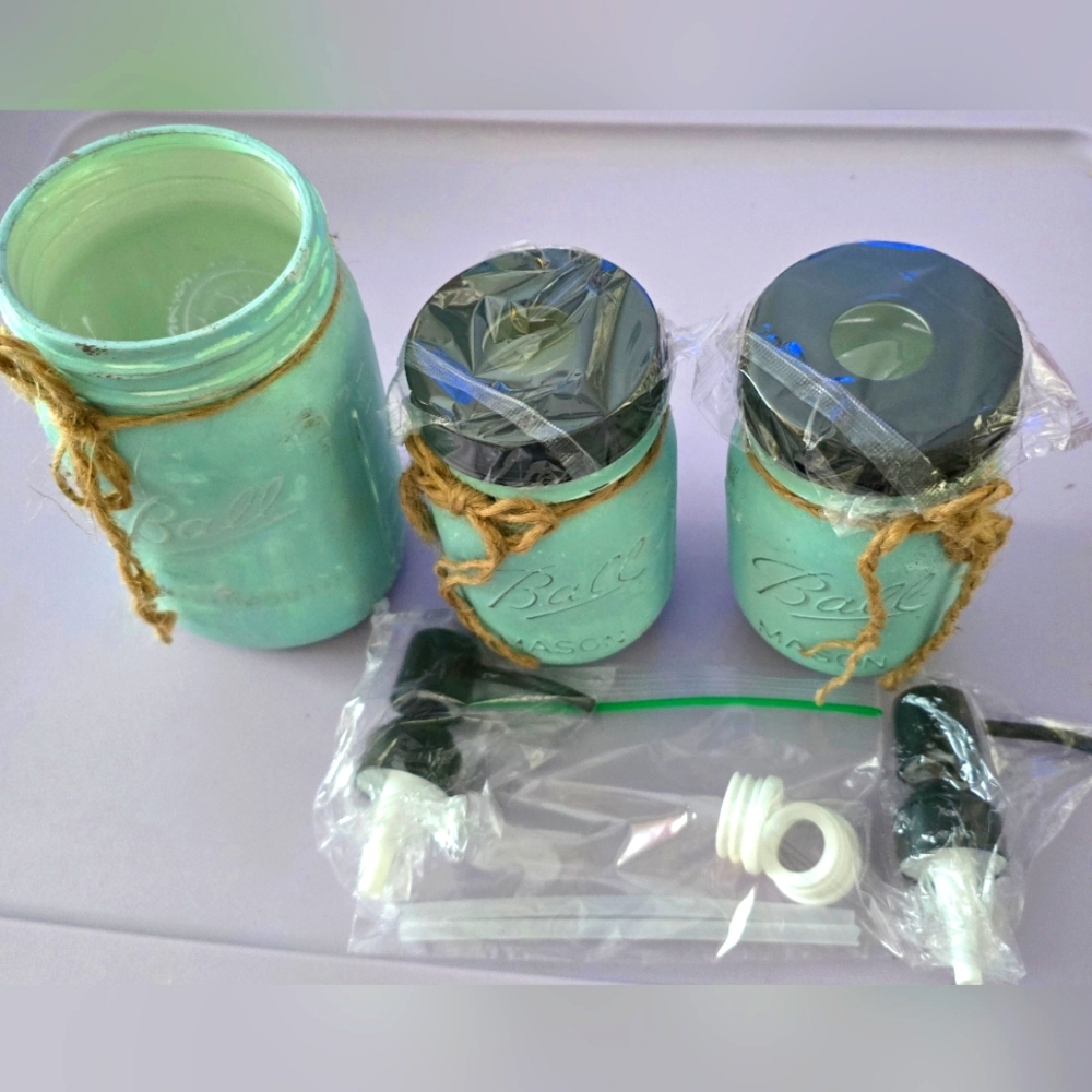 Aqua Mason Jar Set with Pump Lids 3 Pc Blue Green